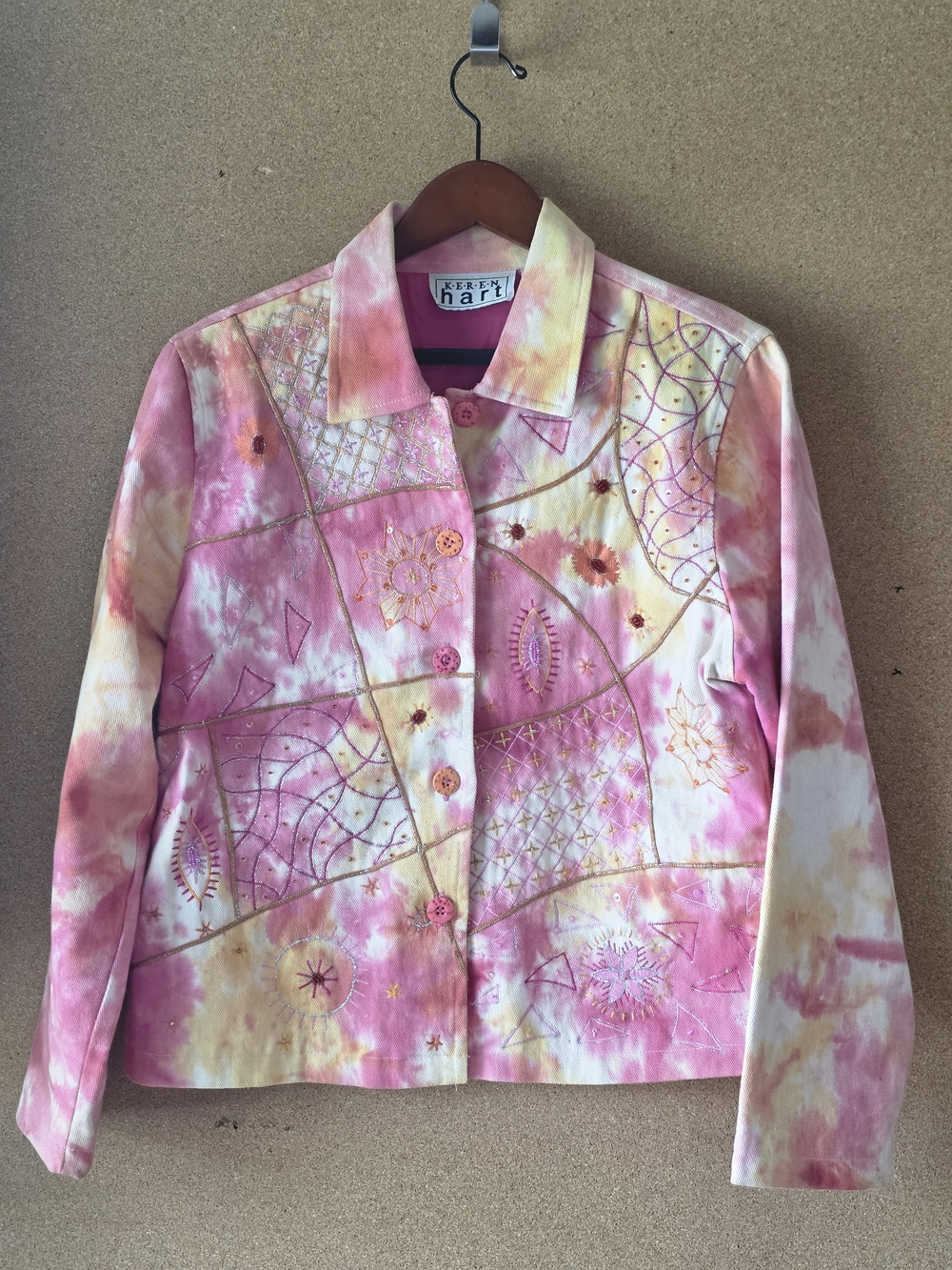 VTG Keren Hart Embroidered Patchwork Denim Jacket L Pink Tie Dye Art Grandmacore